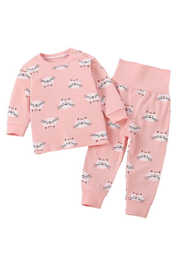 Fall Girls Outfit Shirt Set Thermal Cartoon Animal Print High Waist Warm Base Layer Clothing For Kids Winter Comfortable Homewear Fall Winter Girls Outfits,Pink,0-1 Years