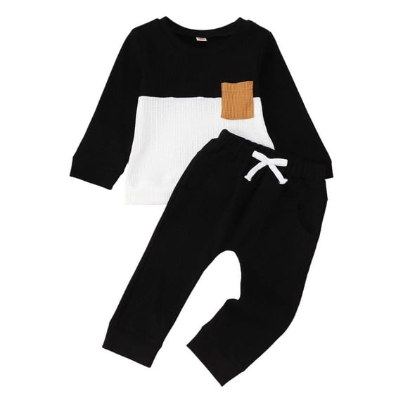 Huowey Fall Girls Outfit Sweatshirt Set Long Sleeve Color Block Crewneck Pullover Sport Trousers Cozy Suit Sweatsuit Clothing Sets,Black,0-6 Months