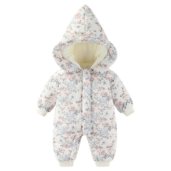 Huowey Fall Outfits For Boys Winter Thickened Thermal Romper Jumpsuit Hooded Full Zip Up Cute Floral Print Cozy Long Sleeve Bodysuit Dailywear,White,12-18 Months