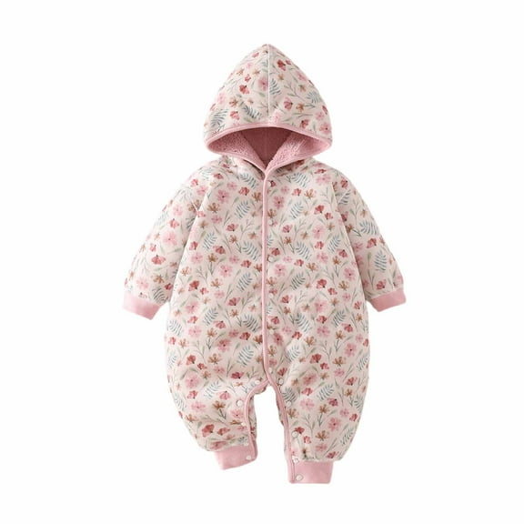 Huowey Fall Outfits For Girls Fuzzy Thick Lined Thermal Hoodies Jumpsuit Button Down Cute Cartoon Floral Print Long Sleeve Romper One-Piece Bodysuit Dailywear,Pink,0-3 Months