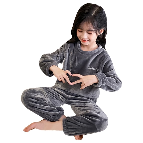 Huowey Fall Outfits For Girls Fuzzy Thick Sweatsuit Crewneck Sweatshirt Top And Pants Winter Warm Soft Homewear Girls Cute Clothing Set,Grey,2-3 Years