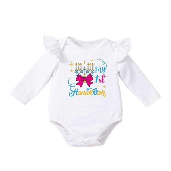 Huowey Fall Outfits For Girls Romper First Letter Print Ruffled Sleeve Bodysuit Hanukkah Holiday Soft Cozy Relaxed Dailywear Girls Cute Clothing Set,Hot Pink,1-3 Months