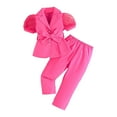thumbnail image 1 of Huowey Fall Outfits For Girls Two Piece Stylish Clothing Sets Short Mesh Puff Sleeve Notched Collar Cute Bow Belt Button Jacket Tops And Wide Leg Trousers Fashionable Cozy Suits,Hot Pink,2-3 Years, 1 of 5