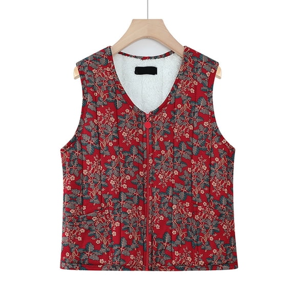 Huowey Fall Sweater For Women Elegant Quilted Sleeveless Jacket Thermal Wool Lined Floral Print Zipper Up V-Neck Outerwear Vest Tops Winter Clothes,Watermelon Red,Xxxxl