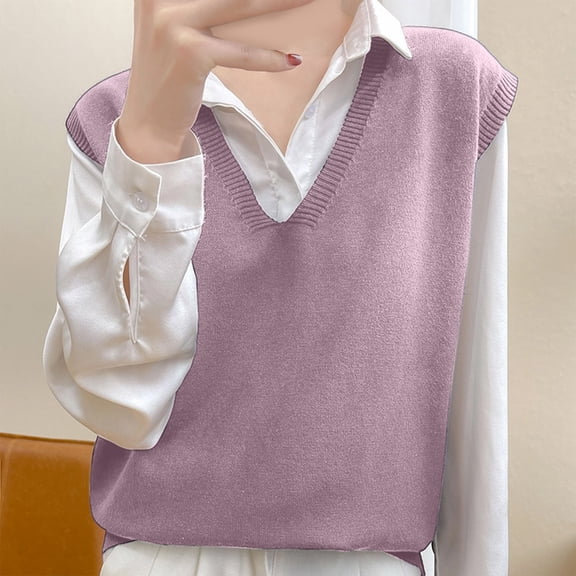 Huowey Fall Sweater For Women Knit Sweater Vest Sleeveless Pullover V-Neck Oversized Cardigan Layering Loose Fit Solid Color Cozy Soft Dailywear Fall Fashion Outfit,Light Purple,L