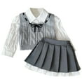 thumbnail image 1 of Huowey Fall Winter 3 Piece Uniform Outfit Long Sleeve Button Down Shirt And Crew Neck Sweater Vest Matching Pleated Skirt Set,Grey,6-7 Years, 1 of 7