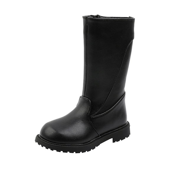 Huowey Fashion Autumn And Winter Girls Mid Calf Boots Flat Bottom Thick Soles Non Plush Warm Solid Side Zippers