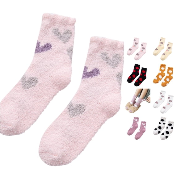 Huowey Fuzzy Crew Socks For Women Thick Floor Casual Socks Ruffles Polka Dot Pattern Soft Fall Winter Warm Lounging Home Socks