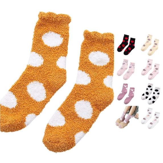 Huowey Fuzzy Crew Socks For Women Thick Floor Casual Socks Ruffles Polka Dot Pattern Soft Fall Winter Warm Lounging Home Socks