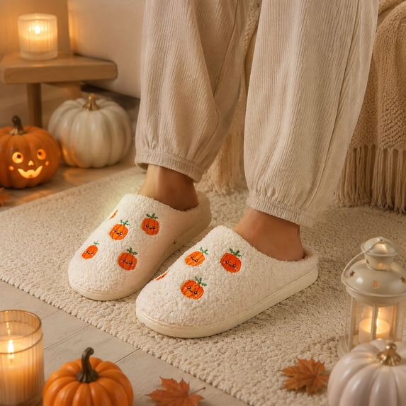 Huowey Fuzzy Halloween Slippers For Women House Pumpkin Pattern Cozy Slippers Closed Toe Soft Sole Winter Bedroom Shoes,Orange,Size 5-6