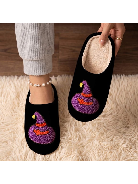 Fuzzy Halloween Slippers For Women Skull Pattern Indoor House Slippers Closed Toe Cozy Fall Winter Home Footwear,Black,Size 8.5