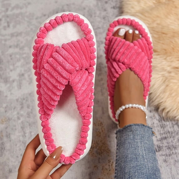Huowey Fuzzy House Slippers For Women Indoor Open Toe Cross Band Cozy Slippers Soft Sole Winter Bedroom Shoes,Hot Pink,Size 8