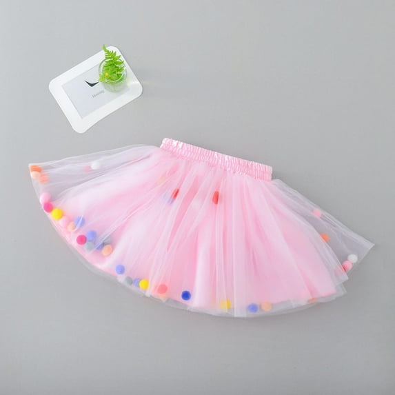 Huowey Girl'S Tutu Skirt Layered Pom Pom Rainbow Elastic Waist Tulle Princess Skirt For Little Girls Birthday Tulle Ballet Skirts,Pink,5-6 Years