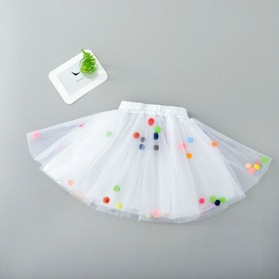 Huowey Girl'S Tutu Skirt Layered Pom Pom Rainbow Elastic Waist Tulle Princess Skirt For Little Girls Birthday Tulle Ballet Skirts,White,3-4 Years