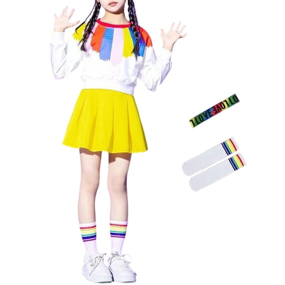 Huowey Girls 4 Piece Outfits Rainbow Color Block Crewneck Long Sleeve Pullover Sweatshirts Solid Pleated Skirts Striped Socks Hairband Carnival Activewear Spring Travel Clothes,Yellow,4-5 Years