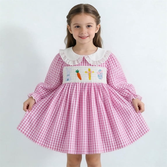 Huowey Girls Baby Classic Dresses Easter Bunny Plaid Floral Embroidery Checkered Summer A-Line Dress Peter Pan Collar Short Puff Sleeves Comfortable Casual Dress Outfit Dailywear,Pink,3-4 Years