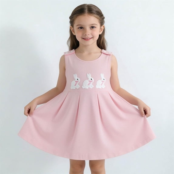 Huowey Girls Baby Classic Dresses Solid Color Easter Bunny Floral Embroidery Checkered Summer A-Line Dress Peter Pan Collar Short Puff Sleeves Casual Dress Outfit Dailywear,Pink,12-18 Months