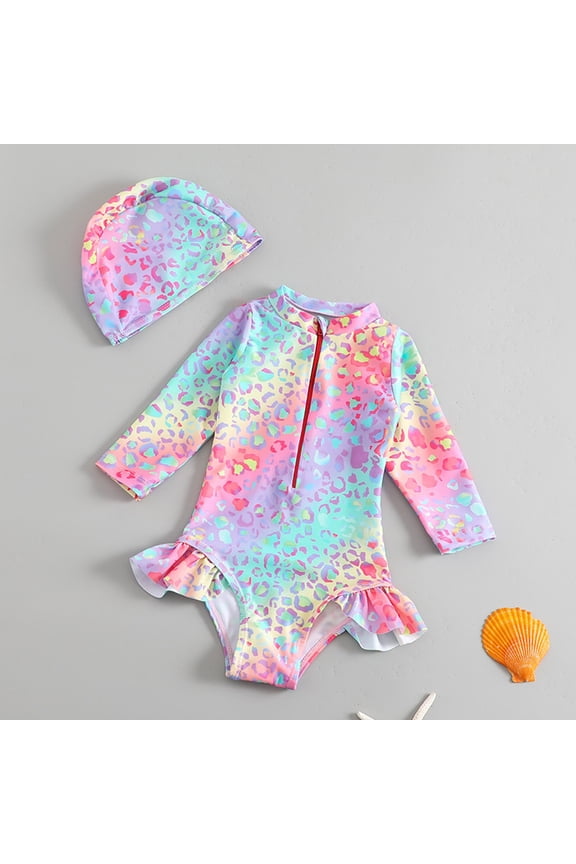 Girls Baby One-Piece Swimsuit Rash Guard Long Sleeve Zip Up Ruffles Trim Stylish Leopard Print Toddler Bathing Suit With Cap Summer Beach Wear Upf 50 Fashion Swimwear,Multicolour,2-3 Years