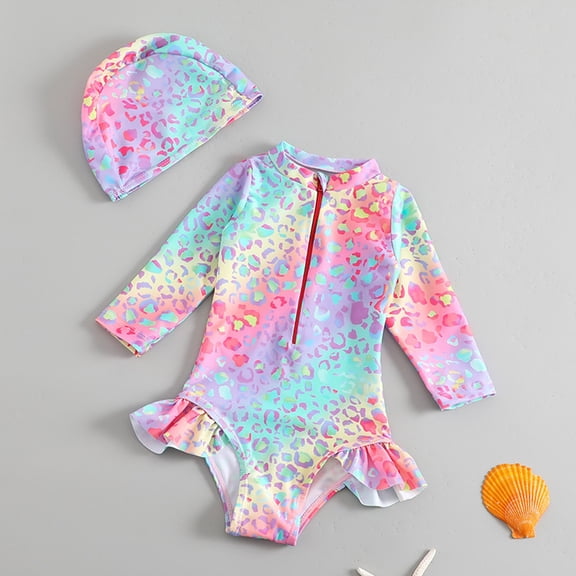 Huowey Girls Baby One-Piece Swimsuit Rash Guard Long Sleeve Zip Up Ruffles Trim Stylish Leopard Print Toddler Bathing Suit With Cap Summer Beach Wear Upf 50 Fashion Swimwear,Multicolour,2-3 Years