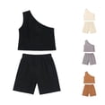 thumbnail image 1 of Huowey Girls Baby Summer Outfits 2 Piece Clothes Sets Solid Color Color Sleeveless One Shoulder Tank Top And Shorts For Toddlers Stylish Breathable Fashionable Outdoor Dailywear,Black,2-3 Years, 1 of 5