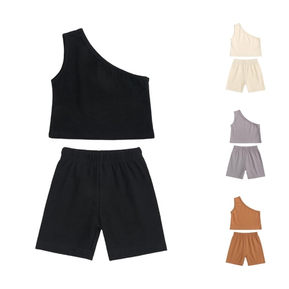 Huowey Girls Baby Summer Outfits 2 Piece Clothes Sets Solid Color Color Sleeveless One Shoulder Tank Top And Shorts For Toddlers Stylish Breathable Fashionable Outdoor Dailywear,Black,2-3 Years
