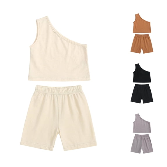 Huowey Girls Baby Summer Outfits 2 Piece Clothes Sets Solid Color Color Sleeveless One Shoulder Tank Top And Shorts For Toddlers Stylish Breathable Fashionable Outdoor Dailywear,White,2-3 Years
