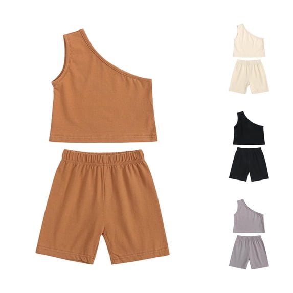 Huowey Girls Baby Summer Outfits 2 Piece Clothes Sets Solid Color Color Sleeveless One Shoulder Tank Top And Shorts For Toddlers Stylish Breathable Fashionable Outdoor Dailywear,Brown,9-12 Months