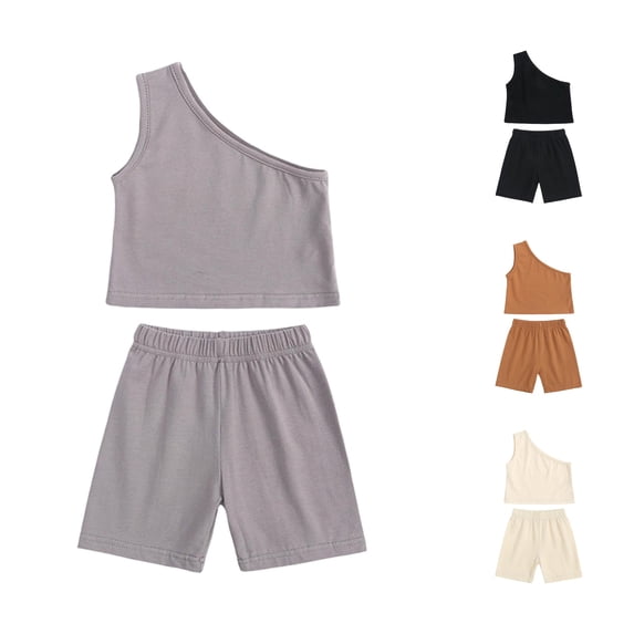 Huowey Girls Baby Summer Outfits 2 Piece Clothes Sets Solid Color Color Sleeveless One Shoulder Tank Top And Shorts For Toddlers Stylish Breathable Fashionable Outdoor Dailywear,Grey,2-3 Years