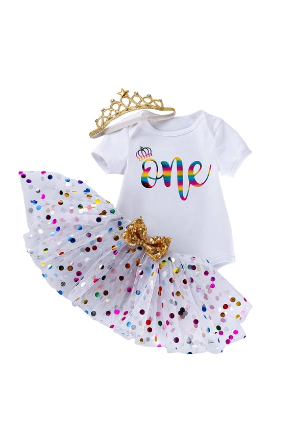 Girls Baby Toddler Birthday Clothes Sets 3 Piece Outfit Short Sleeve Letter Print Crewneck Romper Jumpsuit Sequin Tutu Skirts With Headband Cute Spring Party Casual Dailywear,White1,0-3 Months