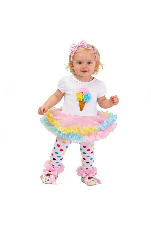 Girls Baby Toddler Birthday Clothes Sets 3 Piece Outfit Short Sleeve Print Crewneck Romper Jumpsuit Sequin Tutu Skirts Headband Stockings Shoes Cute Spring Party Dailywear,White4,0-3 Months