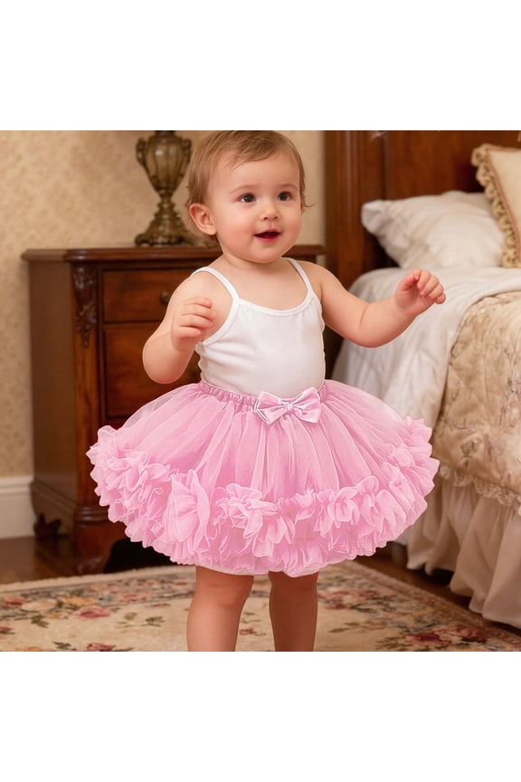 Girls Baby Tutu Skirt Carnival Party Performance Ruffled Lettuce Trim Elastic Waist Solid Color Fluffy Soft Tulle Skirt,Pink,12-18 Months