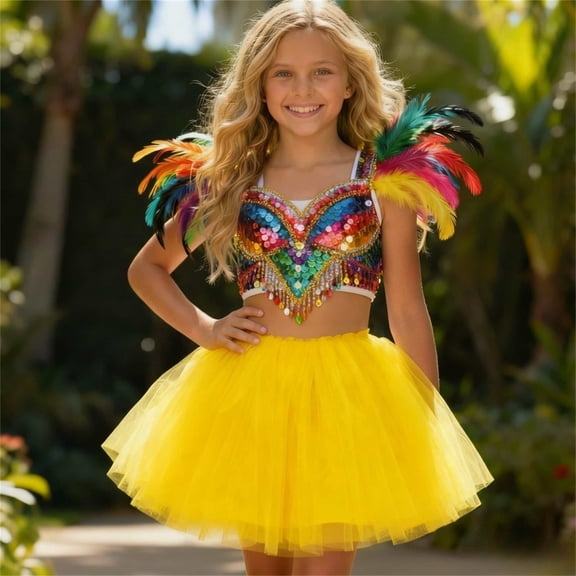 Huowey Girls Ballet Dance Skirt Soft Elastic Waist Tutu Skirts Solid Color Ruffled Stage Performance Shows Dancewear,Yellow,9-11 Years