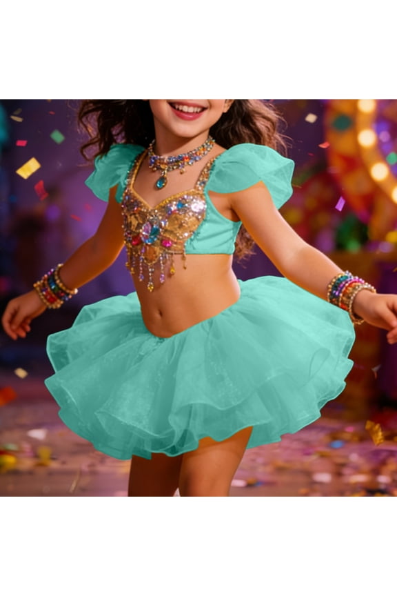 Girls Ballet Tutu Skirt Dancewear Lace Tiered High Waist Solid Sparkly Leotard Skirts For Carnival Festival Performance,Green,11-14 Years