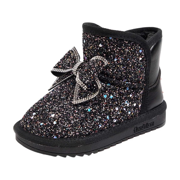 Huowey Girls Boots Snow Ankle Boots Low Heels Thick Soles Non Slip Solid Color Bow Fuzzy Warm Comfortable For Winter Mid Calf Footwear,Black,5.5-6T
