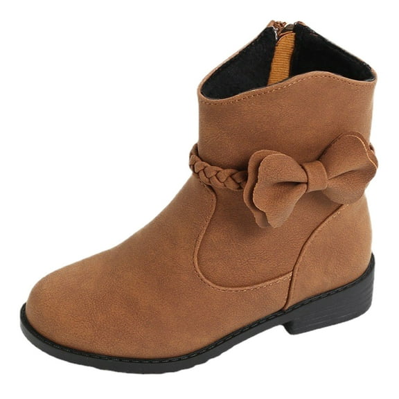 Huowey Girls Bow Decor Braided Detail Zip Side Western Boots Kids Ankle Boots Girls Low Heel Riding Booties With Zipper