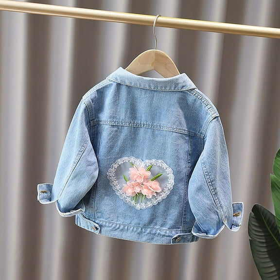 Huowey Girls Bowboy Fall Jacket Classic Button Down Long Sleeve Casual Coat Solid Color Multi Pockets Cute Bow Denim Jacket For Grls Fall Jean Coat Outwear,Light Pink,5-6 Years