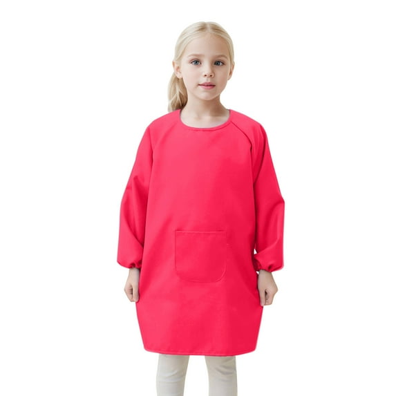 Huowey Girls Boys Apron Long Sleeve Solid Color Front Pocket Jacket For Children Artist Painting Aprons Mid-Lengh Smocks,Hot Pink,8-12 Years