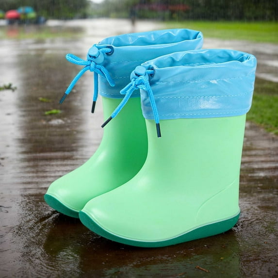 Huowey Girls Boys Boots Cute Bow Rain Shoes Outdoor Waterproof Thick Wool Lined Winter Warm Comfortable Footwear,Green,10-10.5T