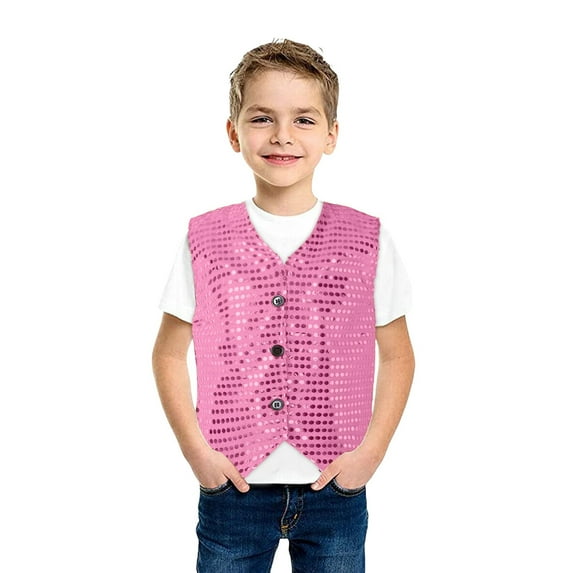 Huowey Girls Boys Sequins Vest Sleeveless Solid Color Button Jazz Hop Street Dance Jacket Stage Performance Party Waistcoat,Pink,5-6 Years