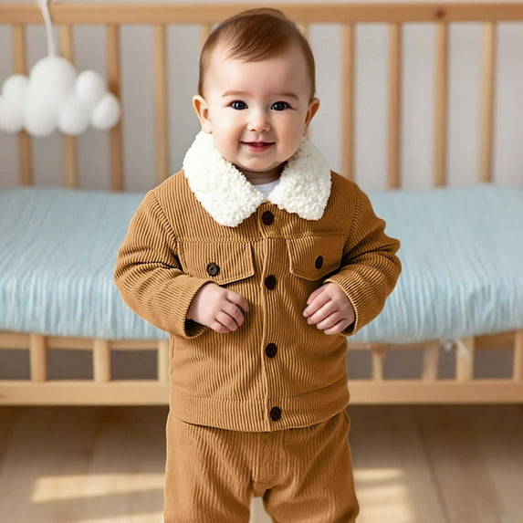 Huowey Girls Boys Winter Jacket Button Down Wool Fuzzy Corduroy Coat Long Sleeve Thickened Warm Solid Color Tops For Toddler Baby Infant Casual Fall Winter Comfortable Outwear,Coffee,6-9 Months