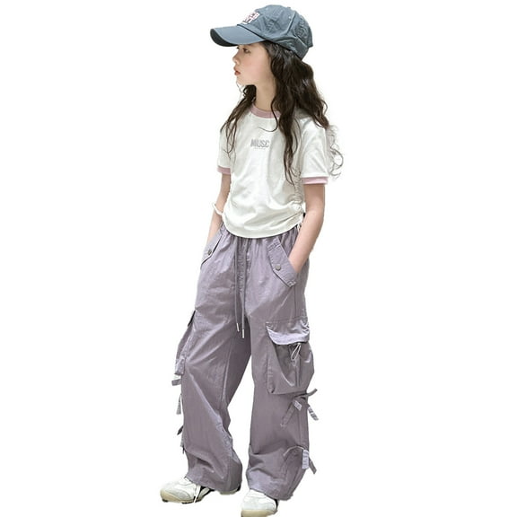 Huowey Girls Cargo Pants Casual Loose Fit Elastic Waist Pocket Outdoor School Joggers for Teen Girls Kids Comfortable Stylish Trendy