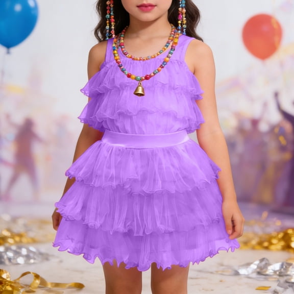Huowey Girls Carnival Dance Tutu Skirt Elegant Elastic High Waist Solid Color A-Line Layered Cute Ballet Party Trendy Tulle Mini Skirt,Purple,6-7 Years
