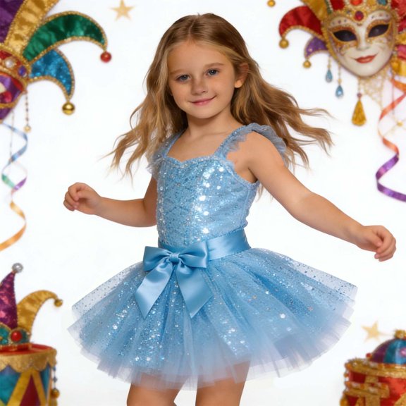 Huowey Girls Carnival Dance Tutu Skirt Sequins Glitter Cute Bow Layered Ballet Party Trendy Tulle Mini Skirt,Blue,4-8 Years