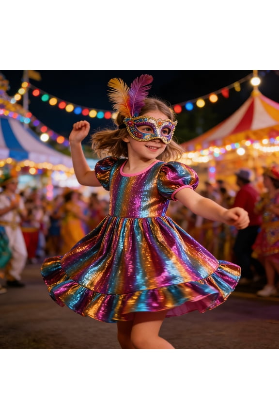 Girls Carnival Spring Summer Sequin Dresses Rainbow Pleated Ruffle A-Line Casual Short Puff Sleeve Round Neck High Waist Sparkly Shiny Party Dress Flowy Skater Dress,Purple,8-9 Years