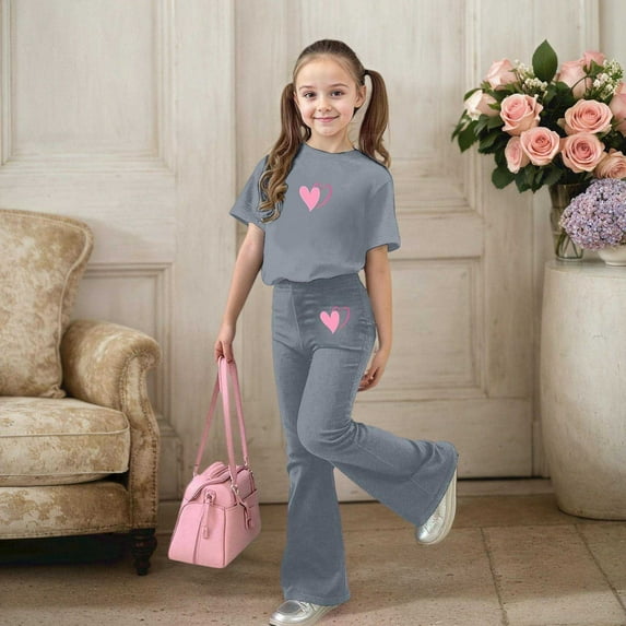 CUZIBR Girls Casual Outfits Stylish Spring Summer 2 Piece Valentines Set Casual Cute Love Heart Print Short Sleeve Crewneck T-Shirt Slim Fit Flared Pants Comfy Daily Wear,Grey,7-8 Years