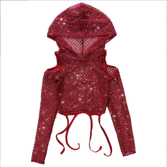 Huowey Girls Casual Tops Sparkly Sequins Hoodies Long Sleeve Off The Shoulder Dance Crop Top Performance Show Stage Party Stylish Cover Up Streetwear Spring Fall Clothing,Red,3-4 Years