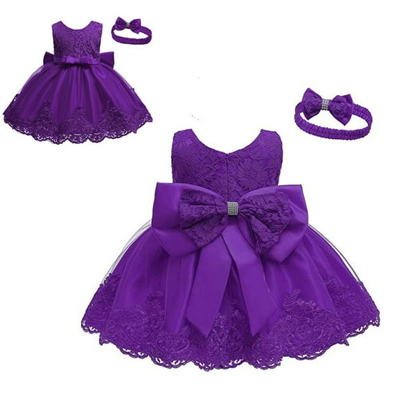 Huowey Girls Children Baby Formal Birthday Dress Sleeveless Crewneck Ruffles Lace Embroidery Big Bowe Legant Wedding Tutu Dresses+Headband Set Clothes Outfits Special Occasions,Purple,18-24 Months