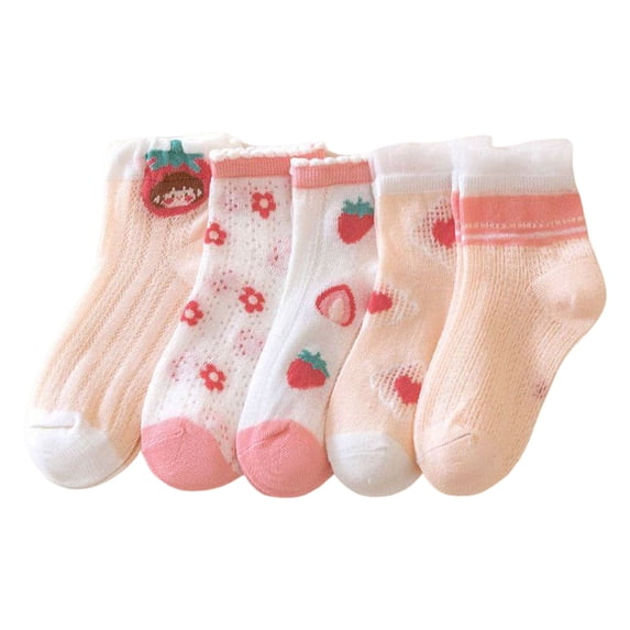 Huowey Girls Cozy Socks Mesh Crew Socks Ruffle Lettuce Breathable Soft Comfortable Cute Cartoon Print Strawberry Flower Pattern Daily Walking Wear,Pink,6-8 Years