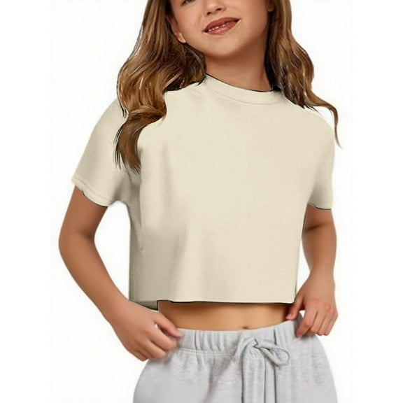 Huowey Girls Crop Tops Classic Crewneck Short Sleeve Comfortable Tees Young Teens Stylish Shirts Casual Fashions Cute Solid Color Outwear,Hot Pink,13-14 Years