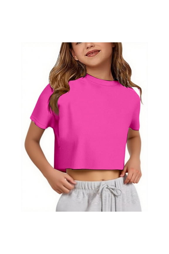 Girls Crop Tops Classic Crewneck Short Sleeve Comfortable Tees Young Teens Stylish Shirts Casual Fashions Cute Solid Color Outwear,Pink,7-8 Years